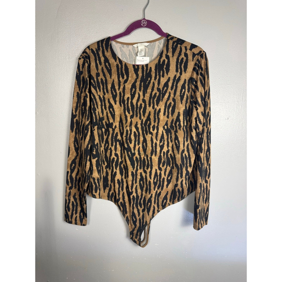 H&M Tops - XXL H&M Brown Black Animal Print stretchy crewneck long sleeve thong bodysuit